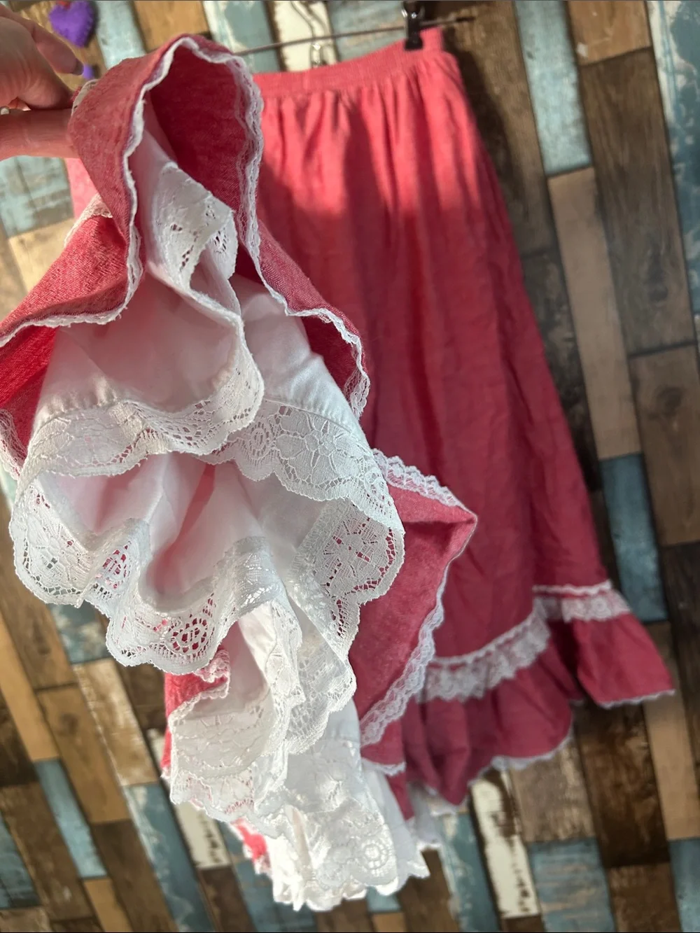 Brand Red Ruffled A-Line Midi Skirt with Lace Trim western - Picture 15 of 16